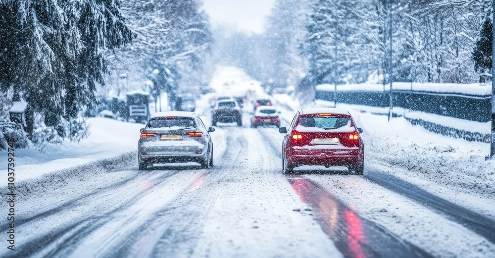 Icy road with snowy cars. AI generated illustration. Icy road with snowy cars. AI generated illustration.