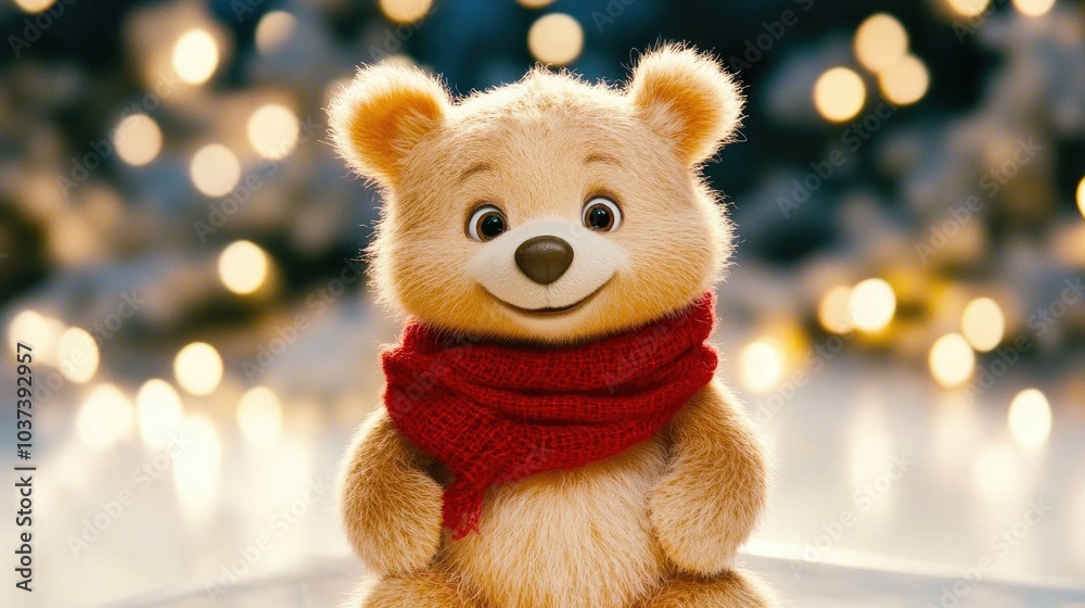 A charming light brown teddy bear with a scarf sits on a table, radiating warmth and cuteness in a cozy setting A charming light brown teddy bear with a scarf sits on a table, radiating warmth and cuteness in a cozy setting