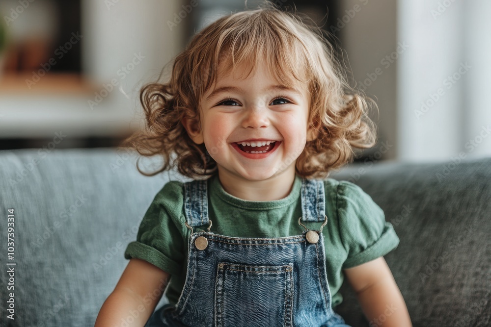 Happy young child with curly hair in denim overalls smiling on sofa Happy young child with curly hair in denim overalls smiling on sofa