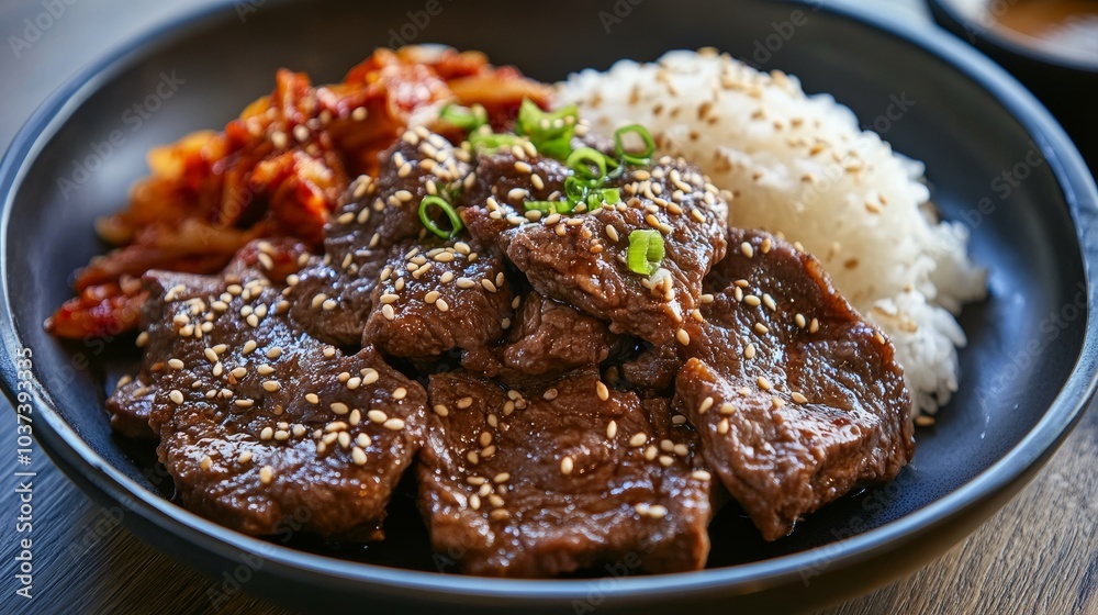 A mouthwatering plate of beef bulgogi served with steamed rice and kimchi, Bulgogi arranged in a circular pattern, Soft ambient light for a cozy dining experience A mouthwatering plate of beef bulgogi served with steamed rice and kimchi, Bulgogi arranged in a circular pattern, Soft ambient light for a cozy dining experience