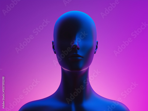 Abstract faceless figure in purple and blue gradient lighting, representing futuristic AI technology, digital identity, and minimalism in modern design and creative artwork