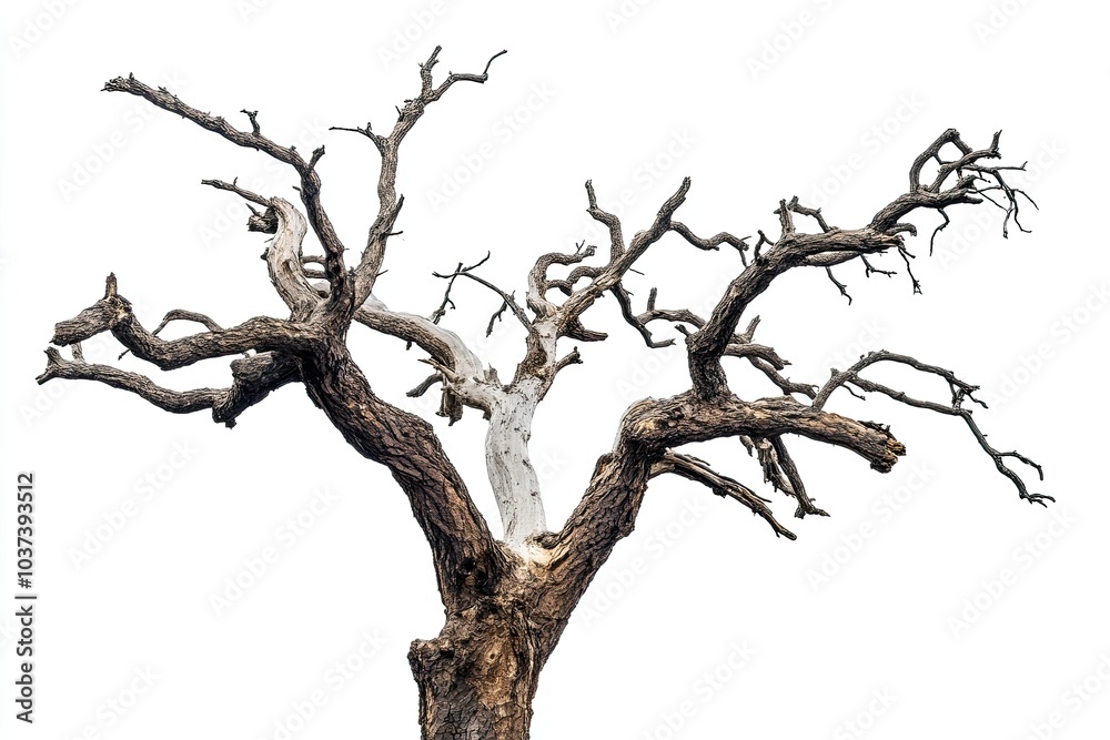 Photograph of an old, dead tree with branches, isolated on a white background. 