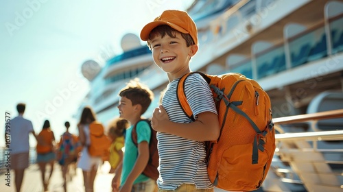 A joyful boy with a backpack is ready for adventure, embracing the excitement of family cruise vacations and the thrill of exploring new destinations around the world. photo