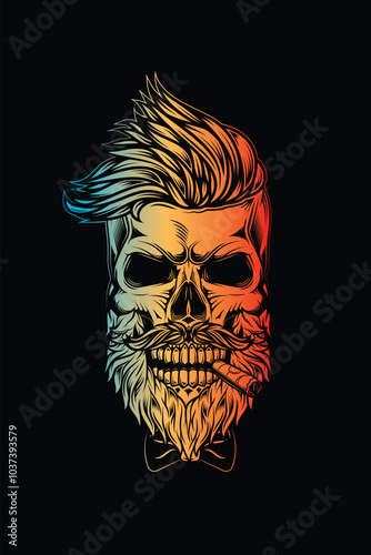 Hipster skull with beard and mustache with cigar in mouth.. Original vector illustration in vintage style. T-shirt design.