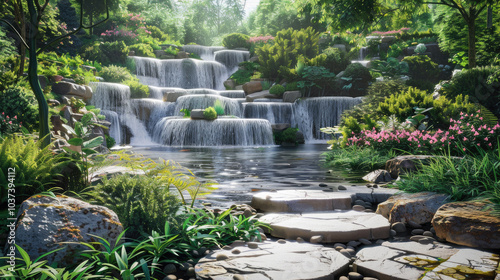 Serene Waterfall in Lush Garden with Flowing Streams and Vibrant Greenery Under Sunlight