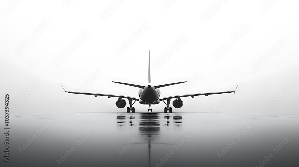 Minimalist image of an airplane with fully extended landing gear, against a white background Minimalist image of an airplane with fully extended landing gear, against a white background