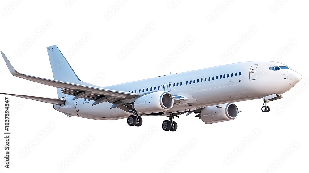 Obraz premium Modern passenger airplane flying in mid-air against a plain white background, showcasing its sleek design