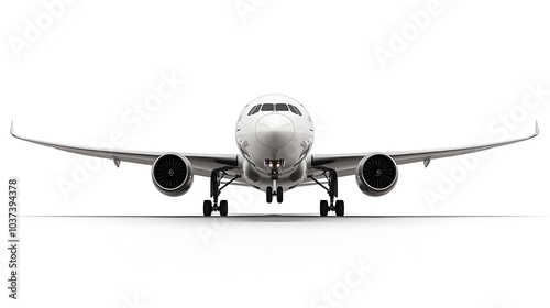 Passenger airplane with fully extended landing gear, descending on a white background