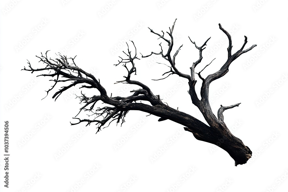 Photograph of an old, dead tree with branches, isolated on a white background. 