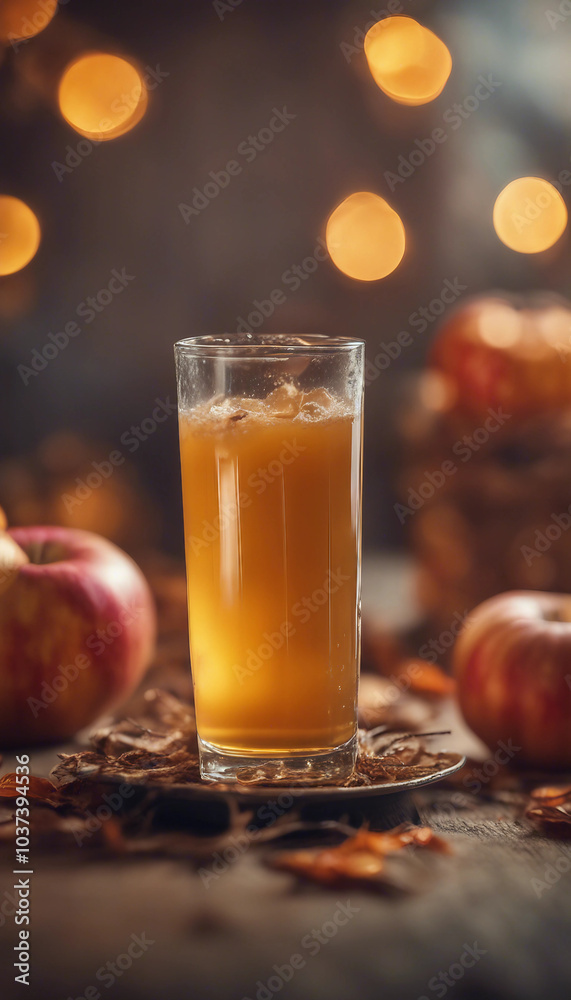 Closeup shot of apple juice with decorations for Halloween celebration vertical Closeup shot of apple juice with decorations for Halloween celebration vertical