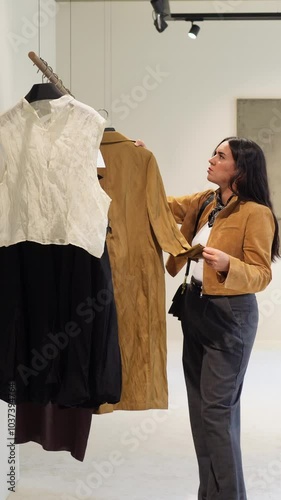 Woman's hands selecting clothes in luxury boutique