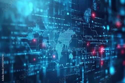 Digital world map with glowing data connections and abstract technology patterns in blue tones