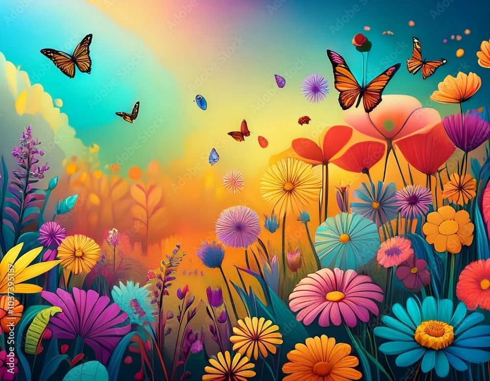 a colorful field of flowers with butterflies and bees flying around a colorful field of flowers with butterflies and bees flying around