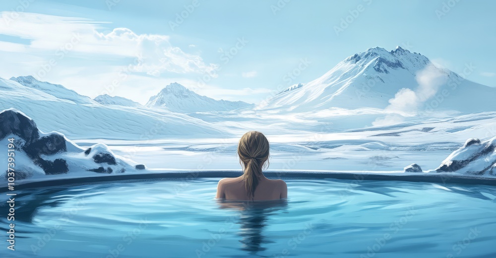 Girl Bathing in Hot Spring with Mountain View. AI generated illustration. Girl Bathing in Hot Spring with Mountain View. AI generated illustration.