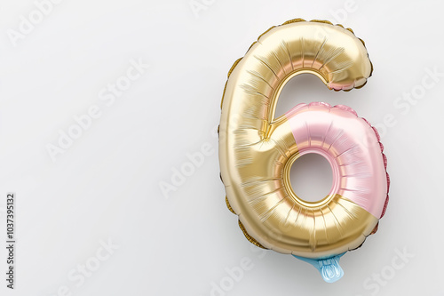 Gold number 6 balloon with pastel pink and blue balloons for sixth birthday party, festive event celebration, or minimalist design aesthetic for elegant decorations