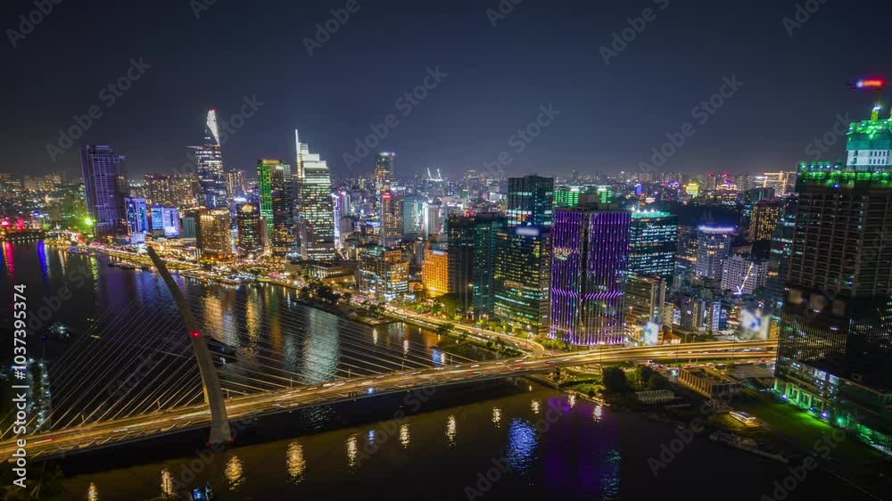Aerial Time-lapse of Ho Chi Minh City Skyline at Night, Vietnam