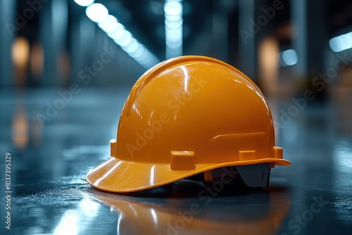 Bright yellow safety helmet on a smooth surface in a warehouse during evening hours
