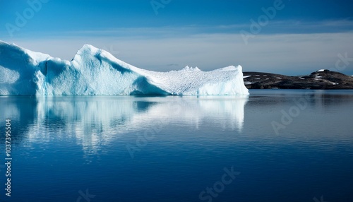 a large iceberg reflected in a still blue lake under a hazy sky