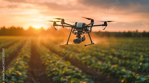 Use drone for various fields like research analysis, terrain scan technology, monitoring soil hydration, yield problem, take photo and send data to the cloud. Smart farm, precision farming concept.