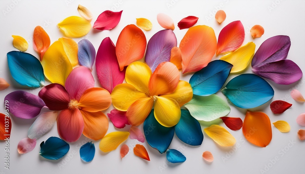 a vibrant arrangement of colorful flower petals scattered on a white background