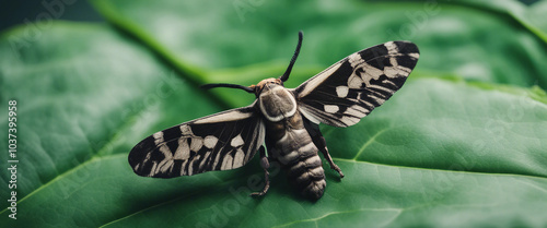 Deaths-head Hawkmoth on a green leaf Acherontia atropos Green leaf texture background Macro photo of photo