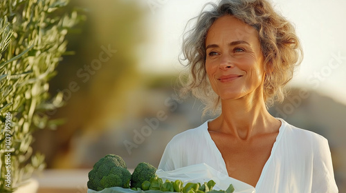 A side-profile shot of a white Siberian European woman in her 30s, smiling and holding a plastic bag filled with fresh vegetables. Dressed in a simple white blouse, her joyful expr photo