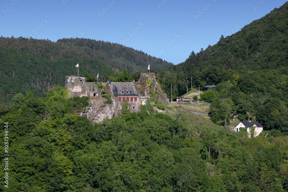 Ruins of the medieval Veldenz castle in the Hunsrück mountain forest, Rheinland-Pfalz region in Germany Ruins of the medieval Veldenz castle in the Hunsrück mountain forest, Rheinland-Pfalz region in Germany