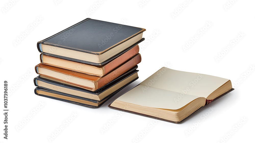 A small stack of softcover books placed next to an open journal on a white background A small stack of softcover books placed next to an open journal on a white background