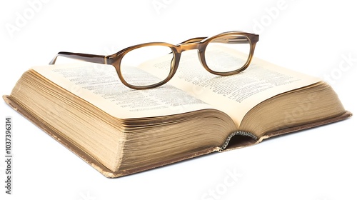 An open book with a pair of reading glasses resting on top, set against a white background