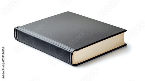 Hardcover book lying flat with its cover facing upward, isolated on a white background