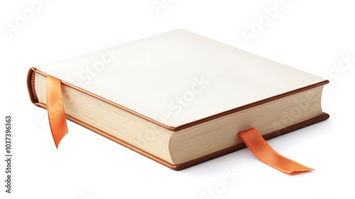 Hardcover book with a ribbon bookmark hanging out, set on a white background