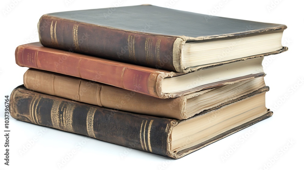 Several thick textbooks stacked on top of each other, isolated on a white background