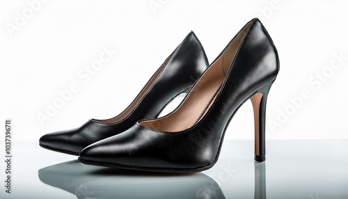 classic black kitten heels with subtle leather texture isolated on a white reflective surface understated sophistication photo