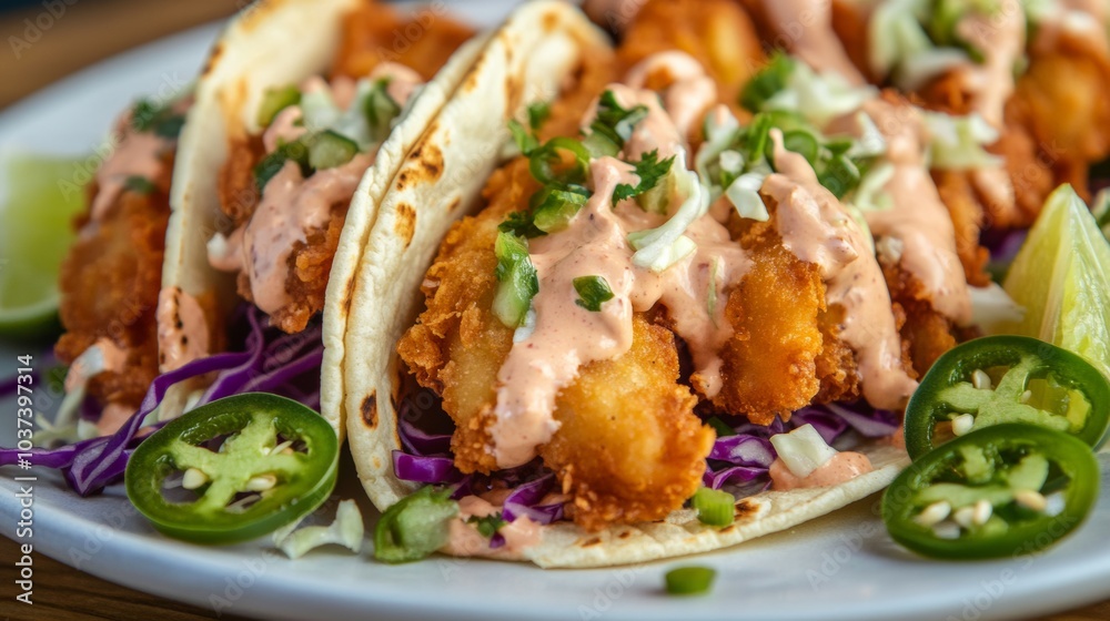 A mouthwatering plate of fish tacos with battered cod, shredded cabbage, and chipotle mayo A mouthwatering plate of fish tacos with battered cod, shredded cabbage, and chipotle mayo