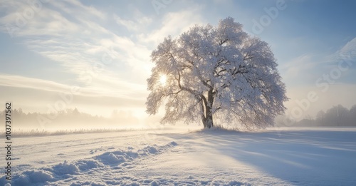 Winter Landscape with Sun Behind a Tree. AI generated illustration.