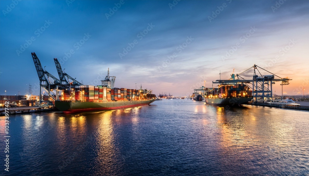 germany hamburg container ships in port of hamburg at dusk germany hamburg container ships in port of hamburg at dusk