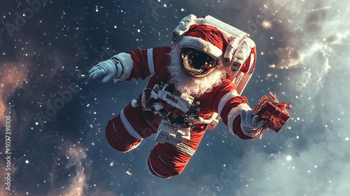 A Santa Claus with an astronaut suit, delivering gifts to a space station on Christmas Eve.