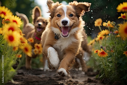 Two playful puppies dash through a vibrant flower field splashing water as they enjoy their playful romp under the bright summer sun exuding joy and energy photo