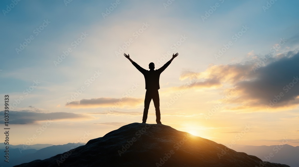 Person celebrating success on mountain peak