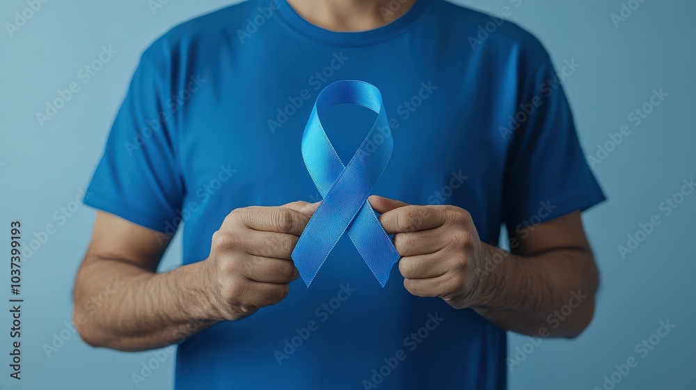 Fototapeta premium Person holding blue awareness ribbon.