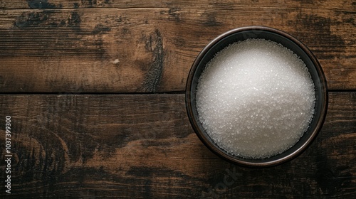 A bowl filled with white granulated sugar on a wooden surface.