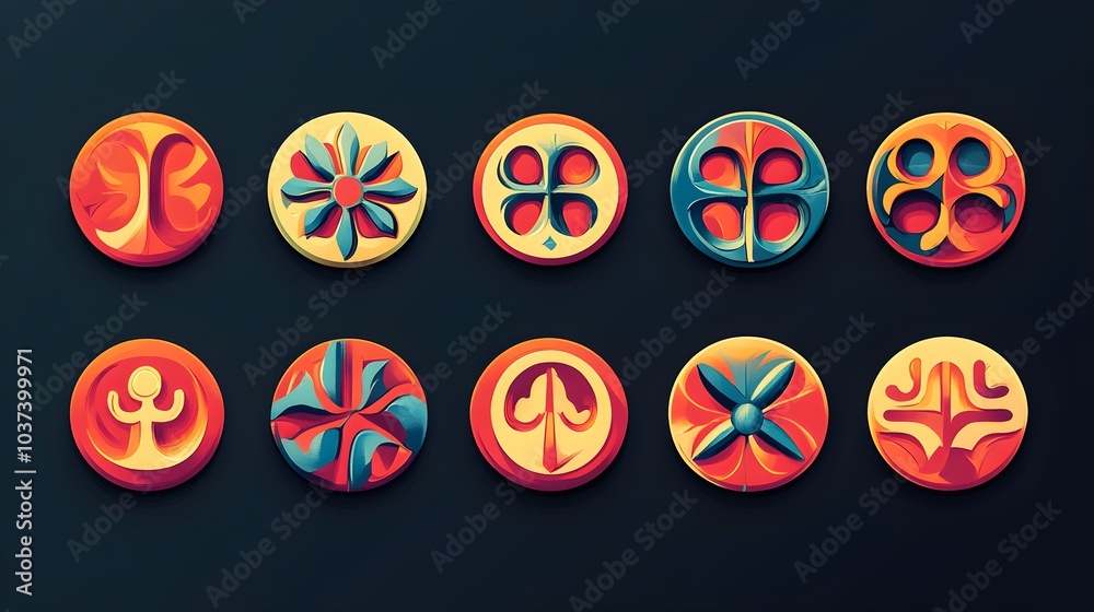 Colorful Circular Design Elements with Geometric Shapes and Patterns Colorful Circular Design Elements with Geometric Shapes and Patterns