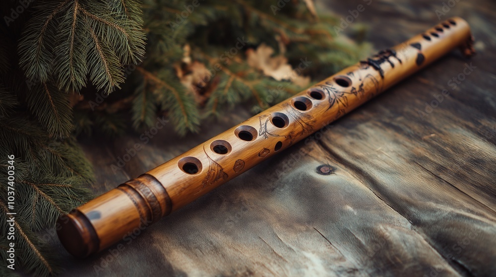 Naklejka premium traditional wooden flute with hand-carved details and a warm