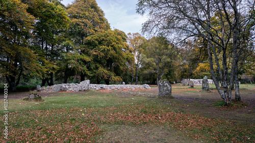 Clava Cairns - The Clava Cairns are a type of Bronze Age circular chamber tomb cairn, named after the group of three cairns at Balnuaran of Clava, to the east of Inverness in Scotland.  photo