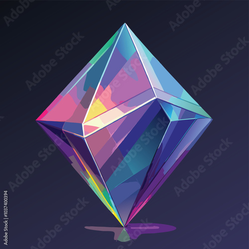 3D Crystal Glass Shapes with Refraction and Holographic Effect - Rotating Transparent Figures with Rainbow Gradient on Dark Background