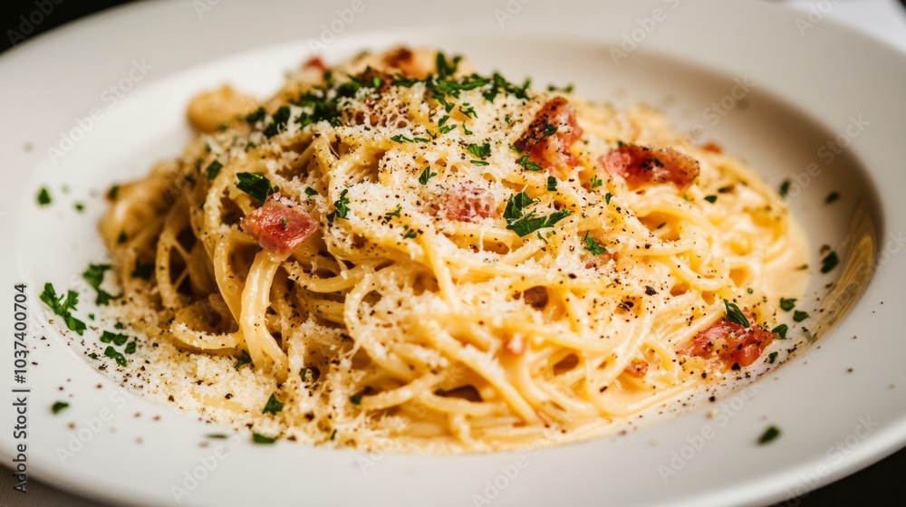 A mouthwatering plate of Italian carbonara pasta, spaghetti tossed with pancetta, eggs A mouthwatering plate of Italian carbonara pasta, spaghetti tossed with pancetta, eggs