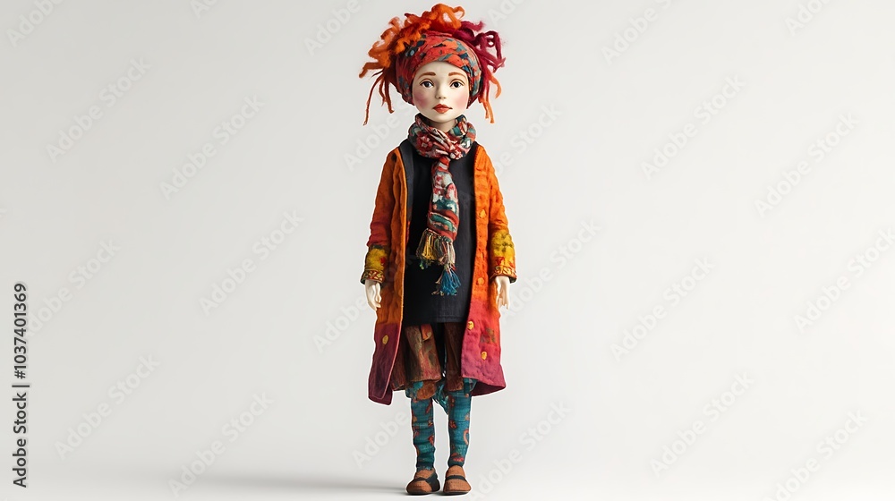 Fototapeta premium Character doll with exaggerated features and bright clothing, standing on a white background