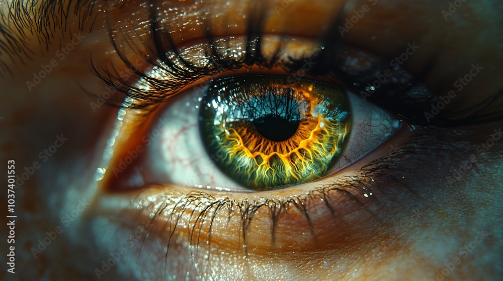 A close-up of a vibrant, multi-colored eye showcasing intricate details and textures. A close-up of a vibrant, multi-colored eye showcasing intricate details and textures.