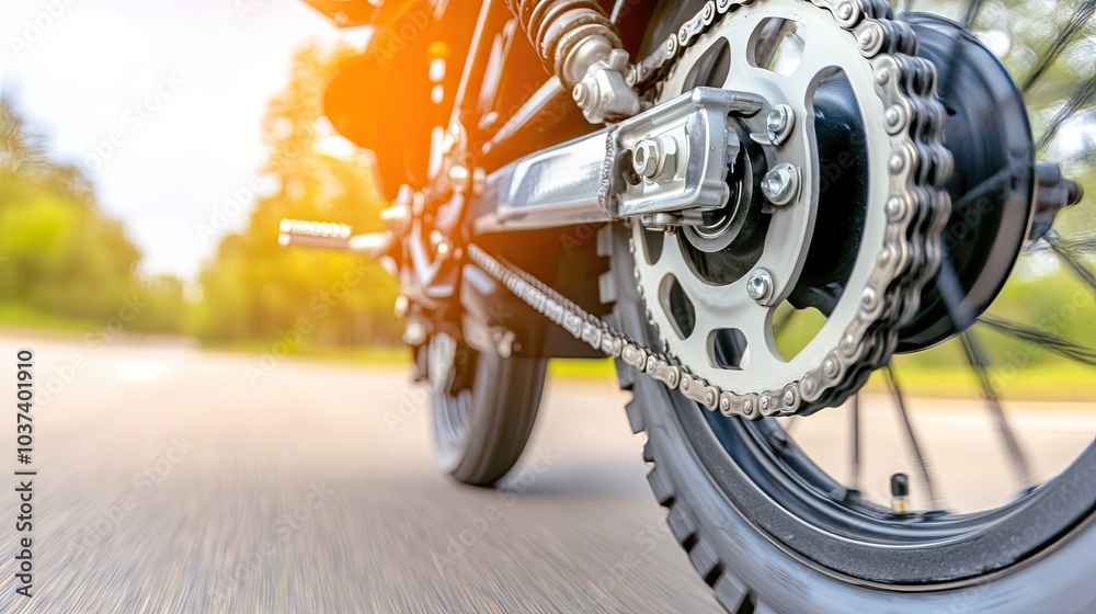 Fototapeta premium Detailed close-up of an electric motorcycle's rear wheel and chain in an urban landscape showcasing intricate design and craftsmanship