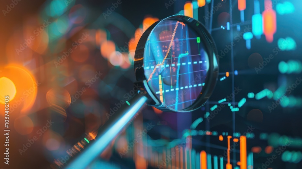 Magnifying Glass Over Stock Market Charts Magnifying Glass Over Stock Market Charts